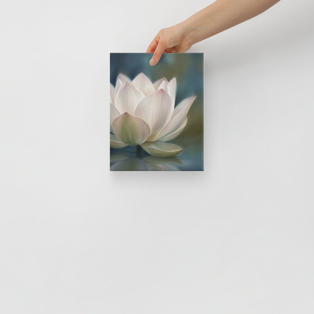 'Serene Lotus Reflection' — a Realism print. A soft, close-up painting of a pale pink and white lotus flower floating on calm, muted blue water, reflecting gently on the surface, suitable for a calm bathroom or living room.