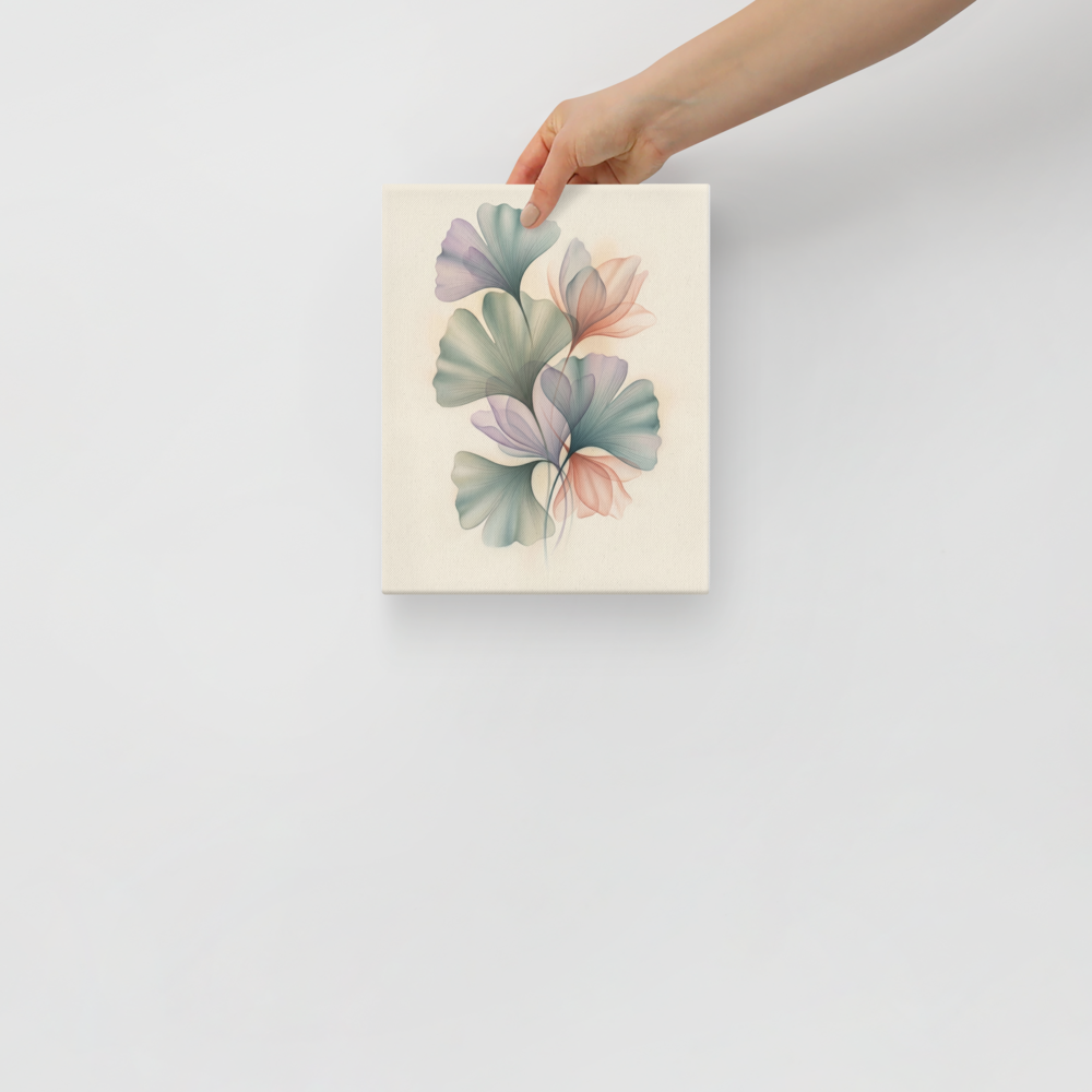 'Ethereal Ginkgo Whispers' — a Abstract art print. An elegant, translucent Airbrush illustration of ginkgo leaves overlapping in soft pastel colors, perfect for a peaceful Bedroom.