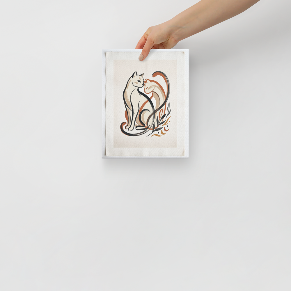 'Feline Affection' — a Minimalism,Abstract art print. A minimalist vector illustration of two cats intertwining lovingly in warm tones of cream, burnt orange, and dark charcoal, accompanied by simple botanical leaf motifs. Ideal for a cozy Nursery or Living Room.