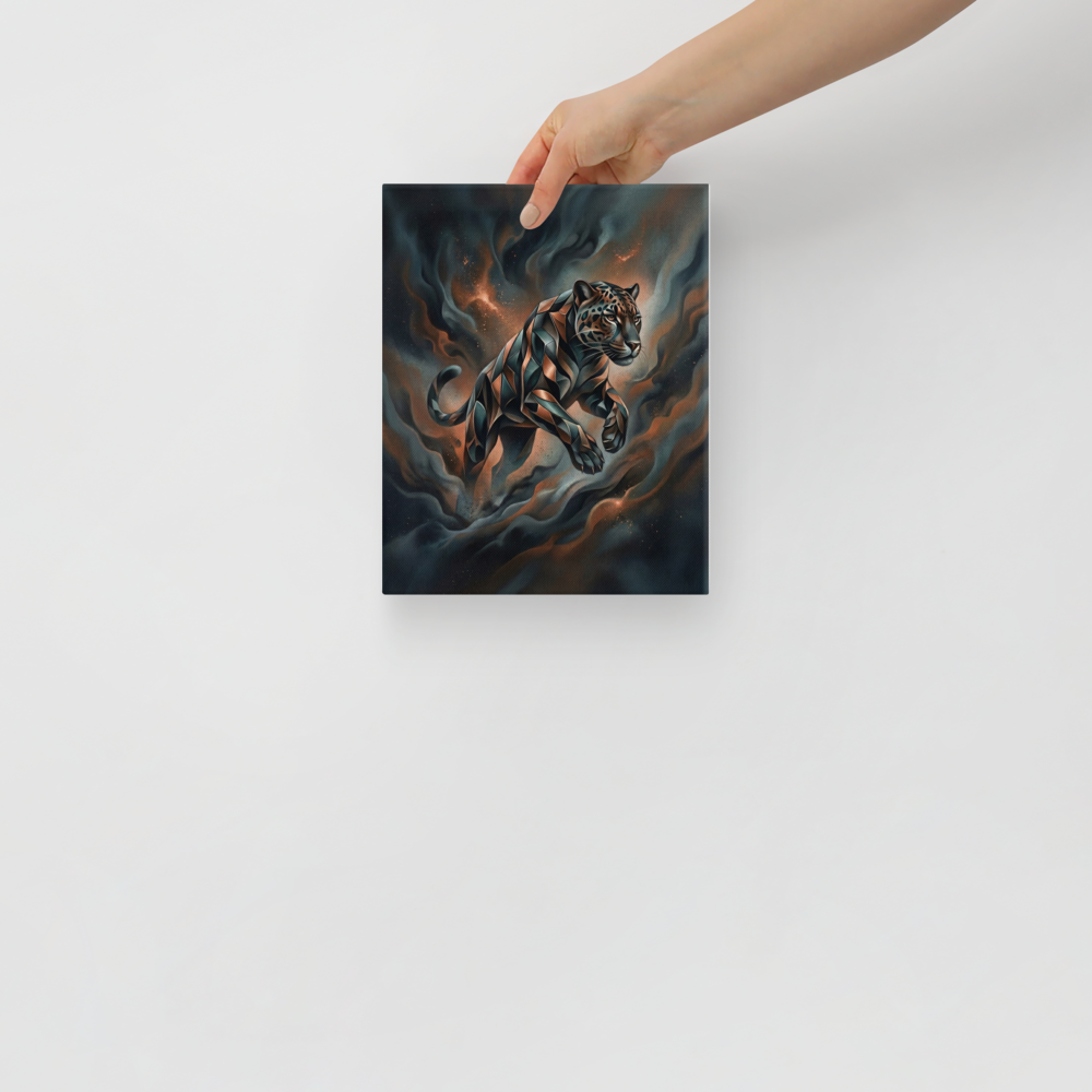 'Phantom Leap' — a Digital art print. A sleek, geometric panther leaping through dark teal and brown smoke in a modern digital art style, ideal for a living room.