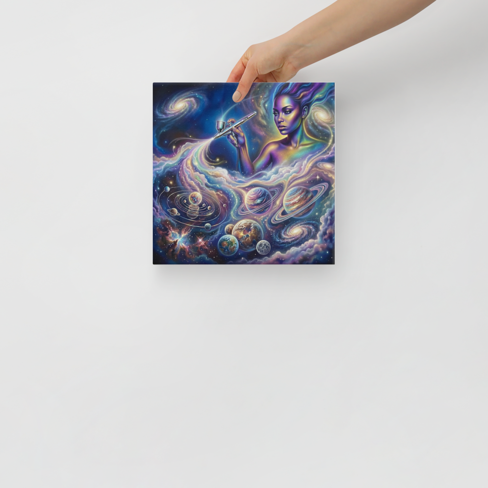 'The Cosmic Painter' — a Space art print. A glowing, ethereal woman painting planets and galaxies into a vibrant cosmic sky using an airbrush, a stunning focal point for a Bedroom.