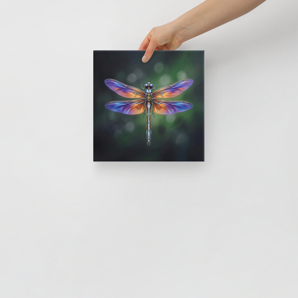 'Gears of the Dragonfly' — a Surrealism print. A highly detailed mechanical dragonfly with glowing purple and orange wings and brass gears on its back, set against a dark green background, perfect for a Living Room.