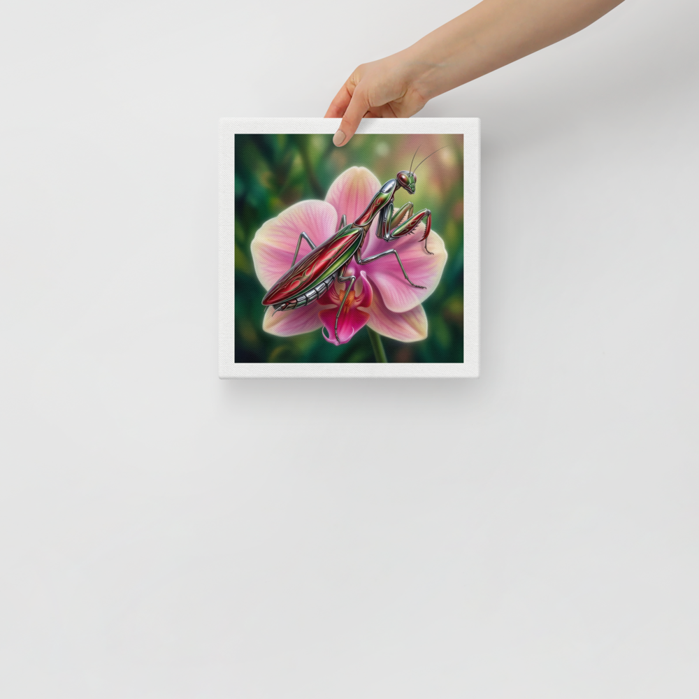'Chrome Mantis' — a Surrealism print. A vibrant illustration of a metallic praying mantis painted like a hot rod in cherry red and chrome sitting on a pink orchid, perfect for a studio.