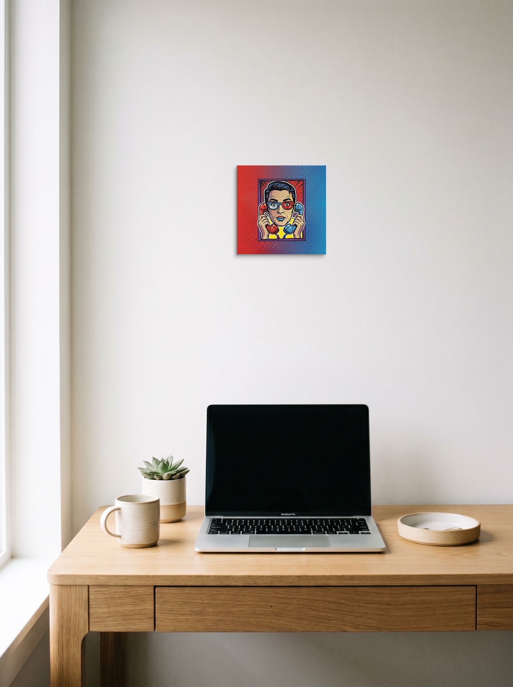 A 10x10 inch canvas Pop art print of 'Bipartisan Static' hanging above a worktable with a laptop.