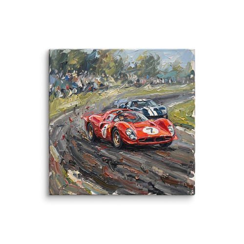 'Classic Velocity' — a Expressionism print. A dynamic impasto painting of classic race cars speeding down a track, an exciting addition to a game room.