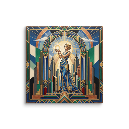 'Bearer of Light' — a Art Deco print. A serene woman holding a glowing orb stands before a majestic archway and city skyline in this bold, symmetrical piece, perfect for a meditation room.