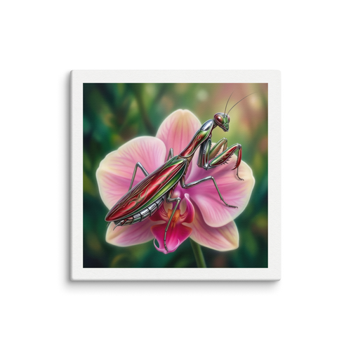'Chrome Mantis' — a Surrealism print. A vibrant illustration of a metallic praying mantis painted like a hot rod in cherry red and chrome sitting on a pink orchid, perfect for a studio.