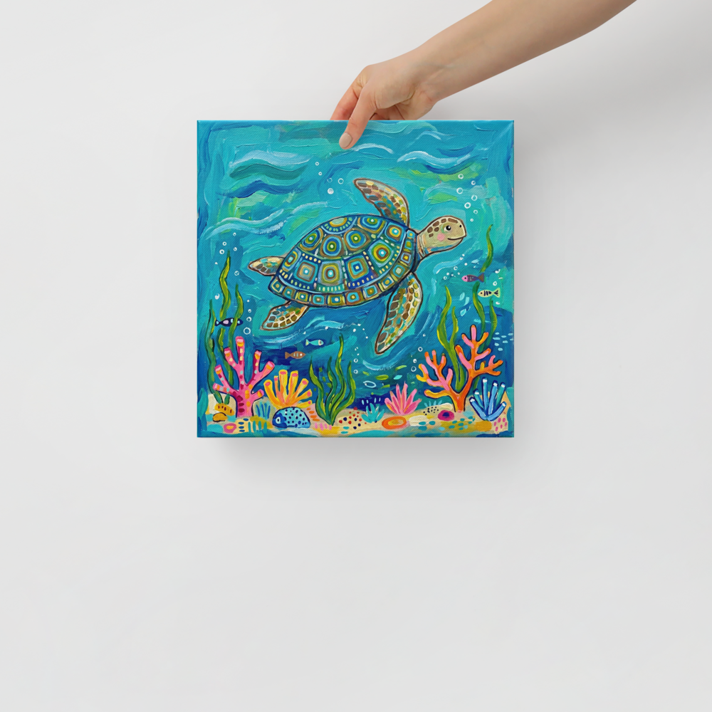 'The Painted Sea Turtle' — a Naive art print. A colorful, intricately patterned sea turtle swimming in deep blue water over bright pink and orange corals, perfect for a coastal bathroom.