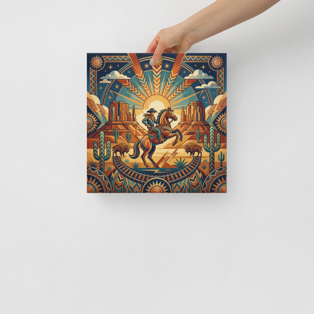 'The Deco Cowboy' — a Art Deco,Geometric abstract art print. A geometric Art Deco style illustration of a cowboy on a horse in a desert landscape with a sunburst, ideal for a living room.