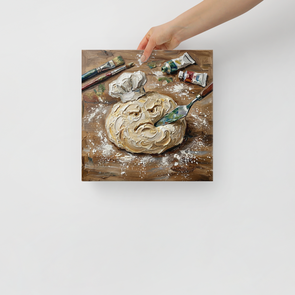 'The Disgruntled Dough' — a Expressionism print. A textured oil painting of a grumpy piece of dough wearing a chef hat being cut by a palette knife, ideal for a kitchen or dining room.