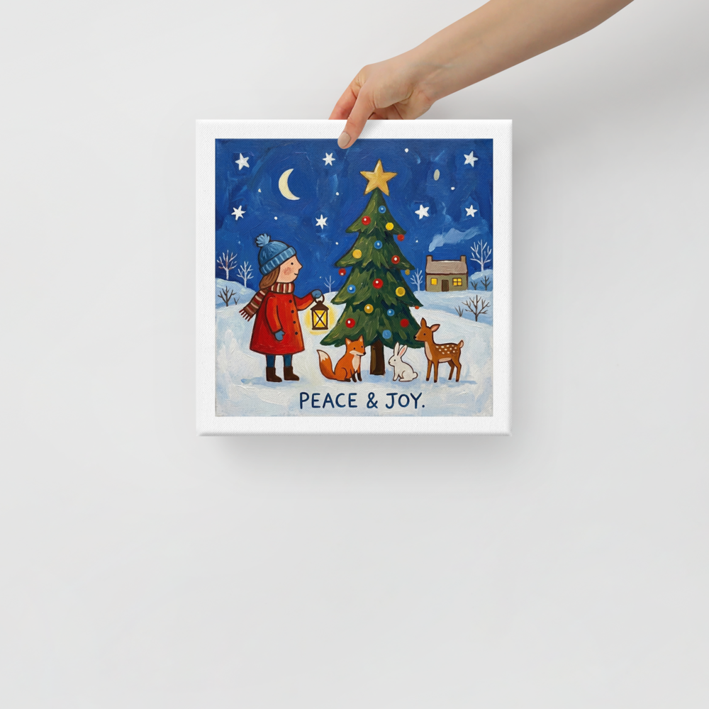 'Peace and Joy' — a Naive art print. A child holding a lantern next to a decorated Christmas tree with a fox, rabbit, and deer in the snow under a starry night sky with the words 'PEACE & JOY.', lovely for a cozy living room.