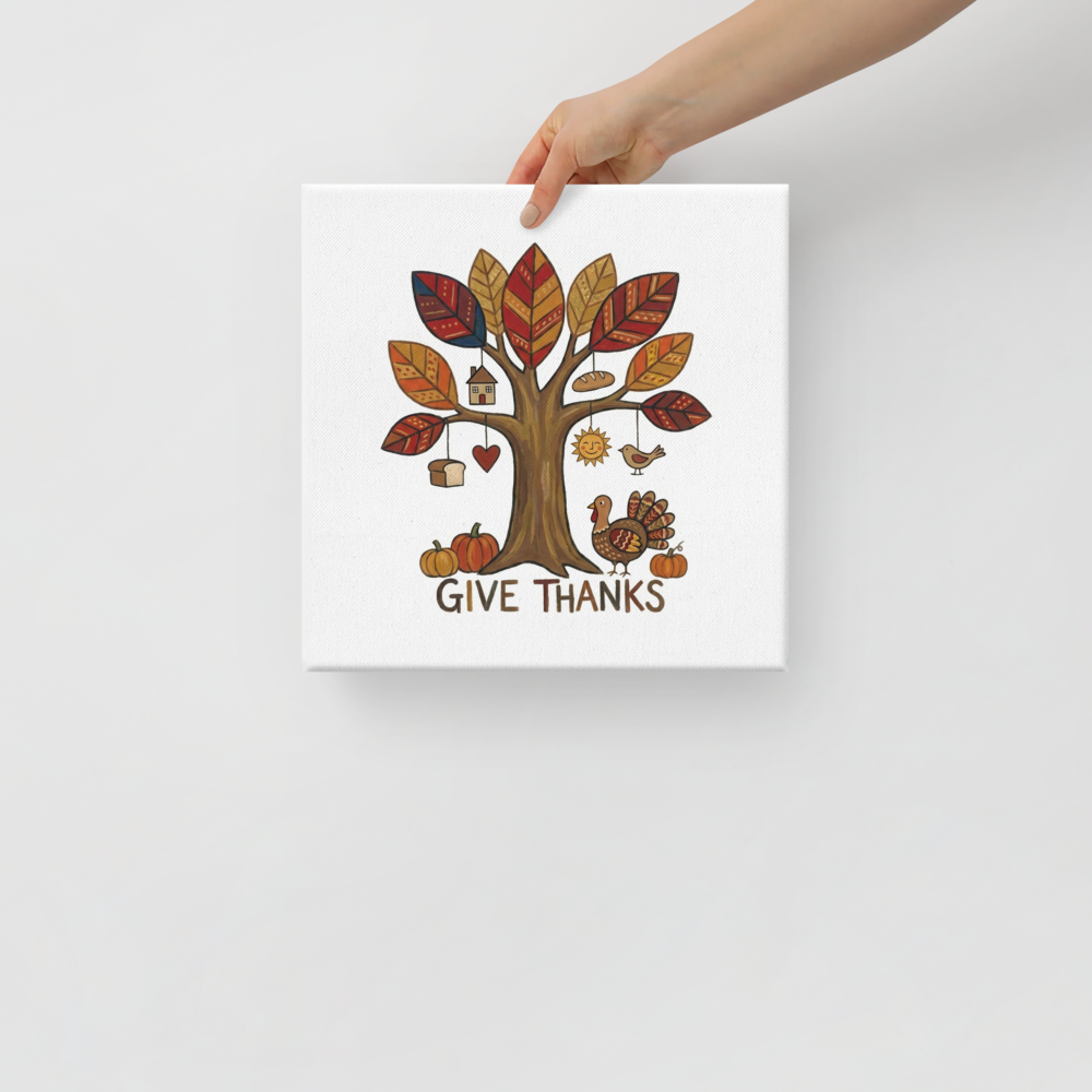 'Tree of Gratitude' — a Naive art print. A charming Naive Art illustration of a decorative autumn tree with patterned leaves, a turkey, pumpkins, and the text 'GIVE THANKS', suitable for an Entryway.