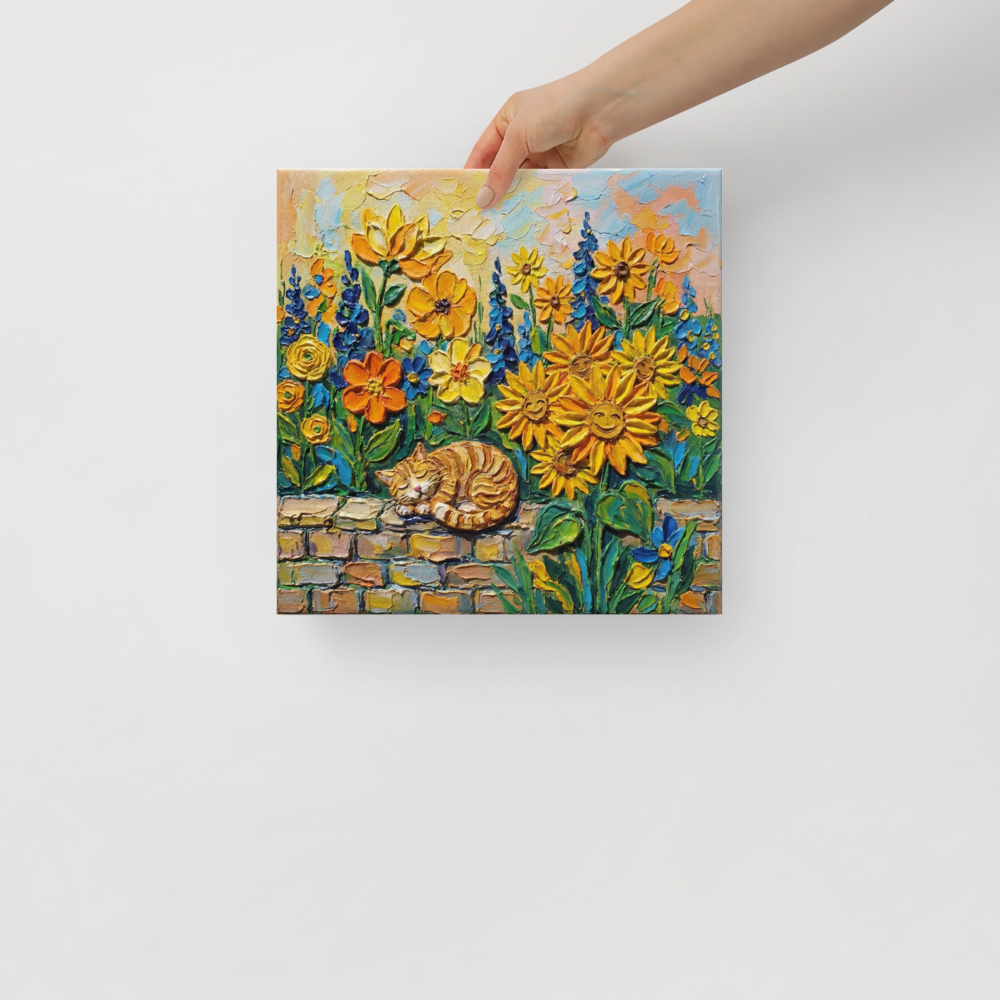 'Feline Slumber Among Sunflowers' — a Post-Impressionism print. A serene ginger cat sleeping on a brick wall amidst sunflowers and blue flowers, ideal for a cozy bedroom.