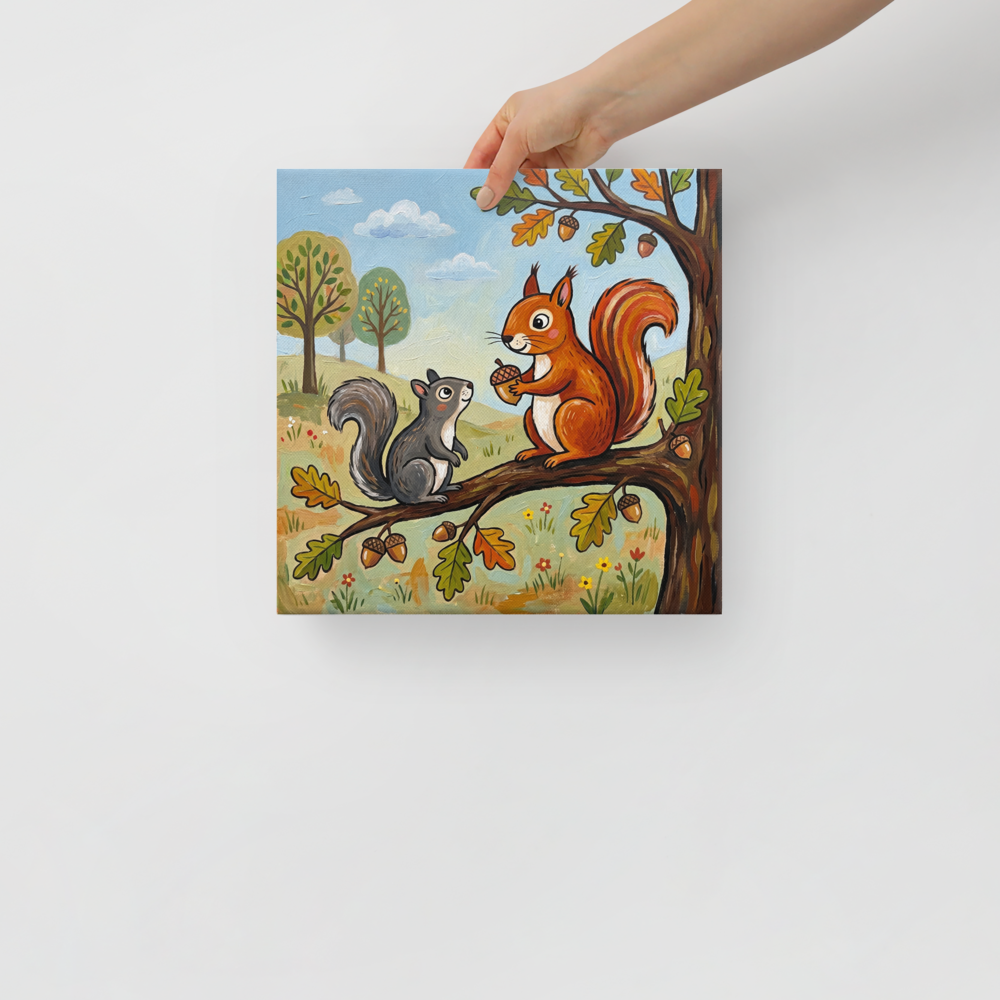 'The Nut Gatherers' — a Naive art print. Two cute squirrels sitting on an oak tree branch holding acorns against a light blue sky and fields, great for a rustic kitchen or nursery.