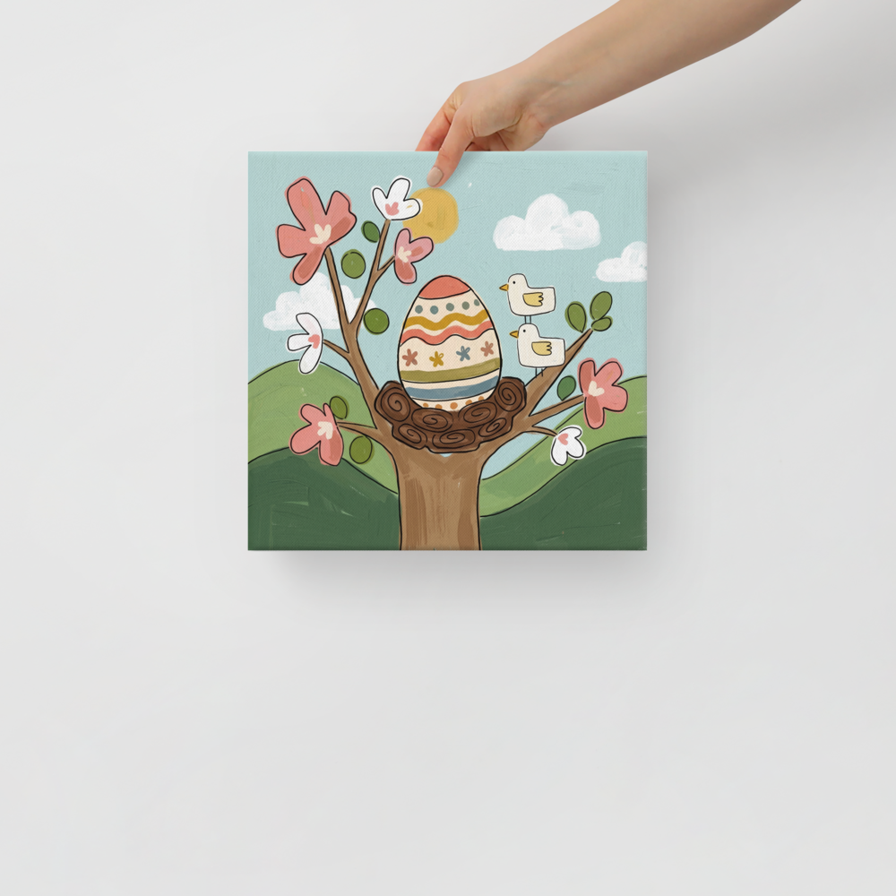 'Springtime Nest' — a Naive art print. A cheerful Naive Art painting of a decorated Easter egg resting in a nest with blooming pink flowers and small yellow birds, ideal for a bright Sunroom / Conservatory.