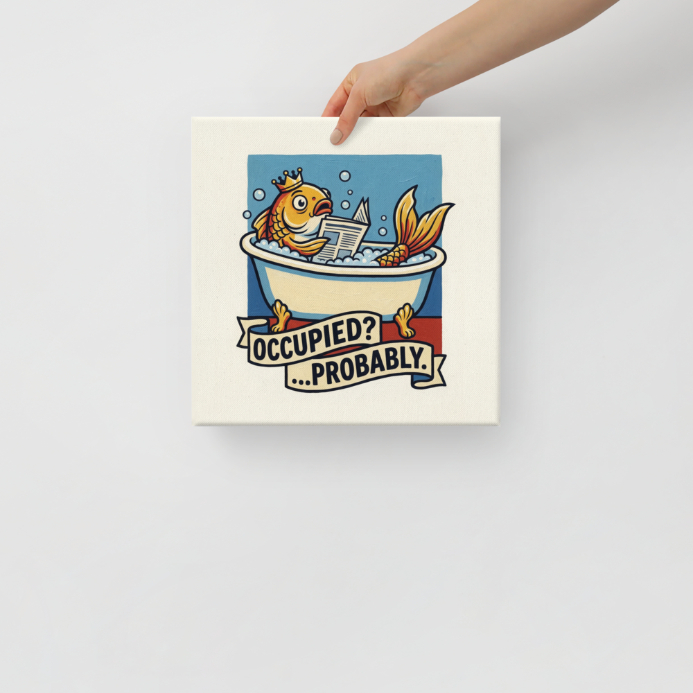 'Occupied Probably' — a Pop art,Cloisonnism print. A humorous illustration of a crowned goldfish reading a newspaper in a bathtub, with a banner saying 'OCCUPIED? ...PROBABLY.', perfect for a bathroom.