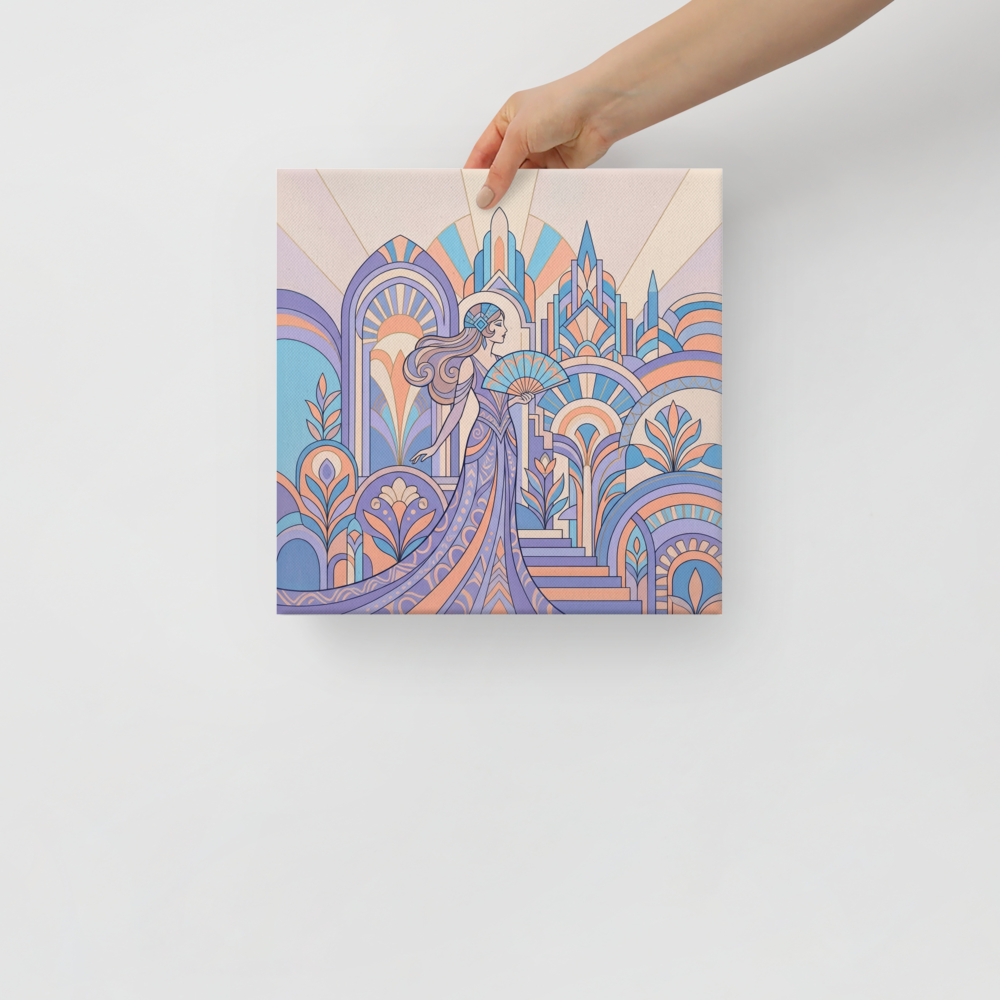 'Pastel Metropolis Glamour' — a Art Deco print. A pastel Art Deco illustration of an elegant woman holding a fan in front of a geometric cityscape, perfect for a chic bedroom.