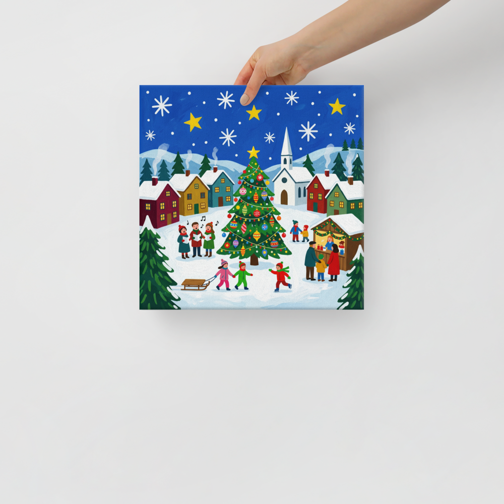 'Joyous Christmas Village' — a Naive art print. A cheerful Naive Art painting of a snowy Christmas village with a brightly decorated tree, carolers singing, and children playing, perfect for a lively Living Room.