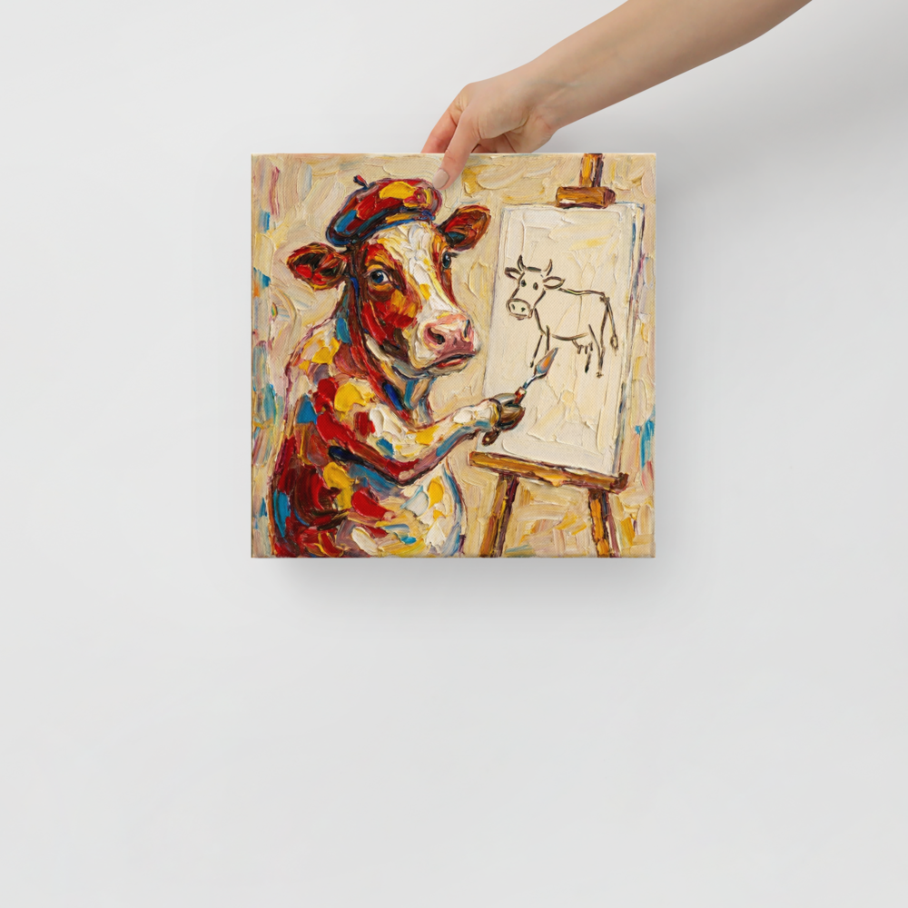 'The Bovine Artist' — a Post-Impressionism print. A colorful cow wearing a beret paints a stick-figure cow on an easel in this humorous living room art.