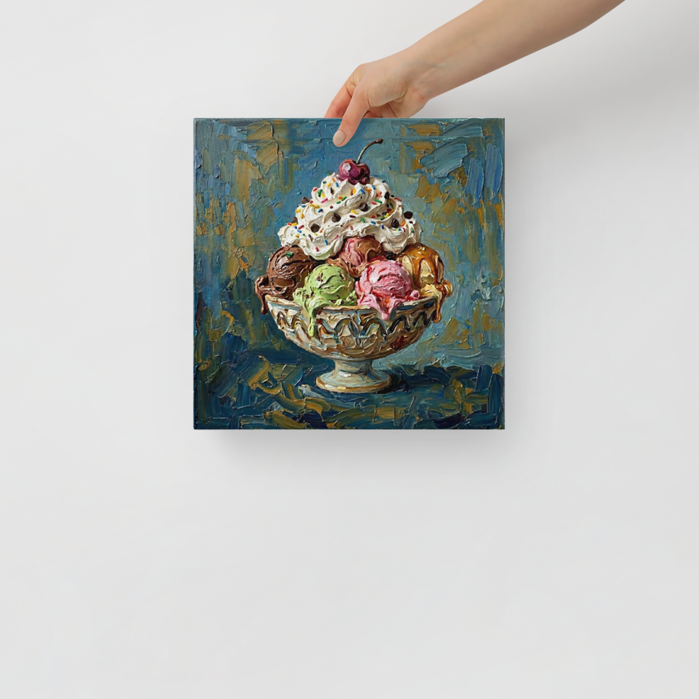 'The Ultimate Sundae' — a Pop art print. A decadent ice cream sundae topped with whipped cream, sprinkles, and a cherry, perfect for sweetening a dining room space.