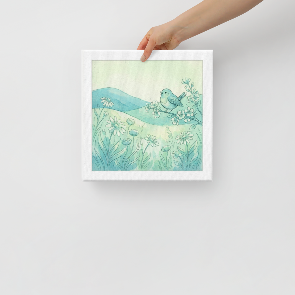 'Springtime Serenade' — a Naive art,Folk art print. A light watercolor illustration of a bluebird singing on a blooming branch over a field of daisies, perfect for a nursery or sunroom.
