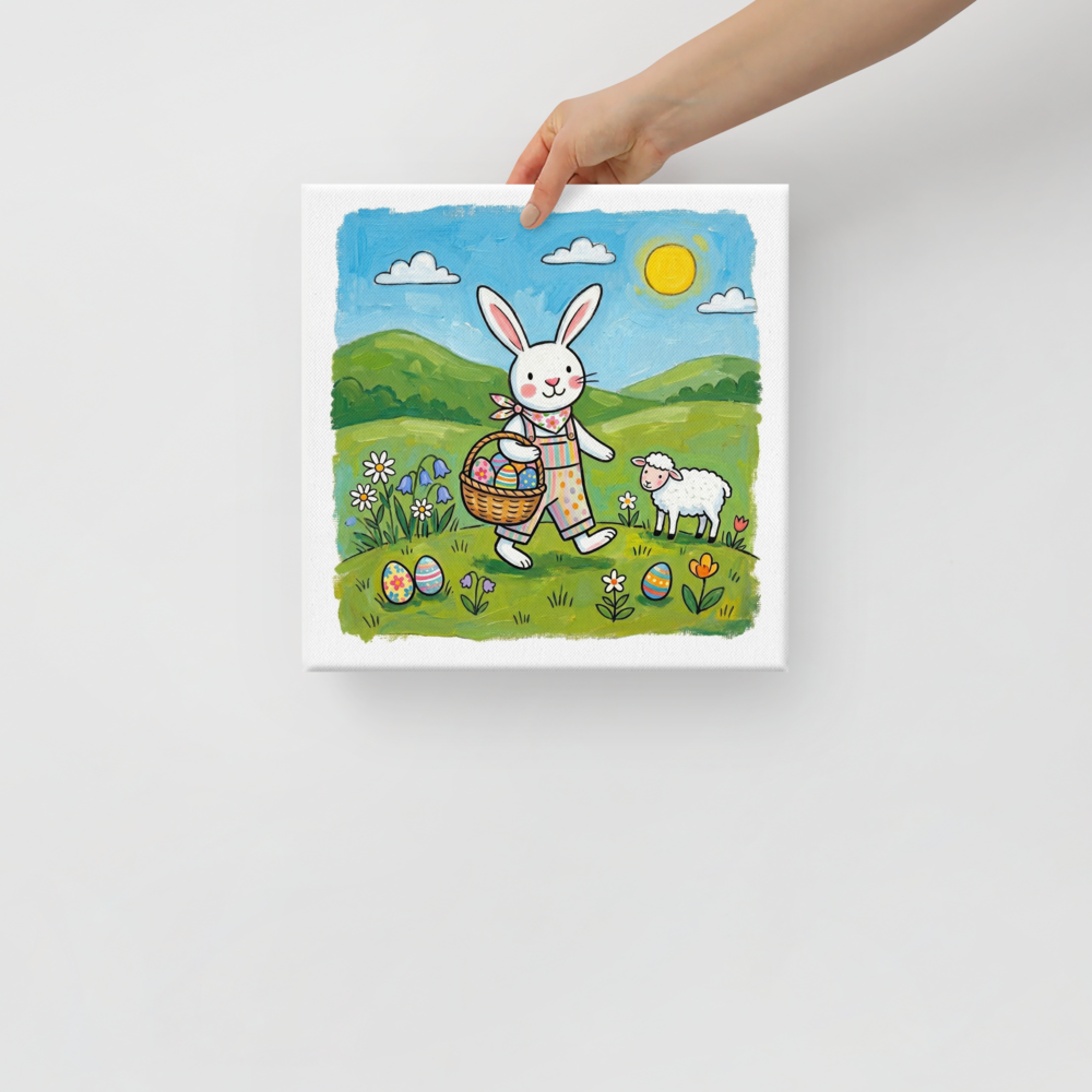 'Easter Bunny Stroll' — a Naive art print. A vibrant Naive Art painting of an Easter bunny carrying a basket of colorful eggs walking with a sheep in a sunny green landscape, lovely for a Nursery.