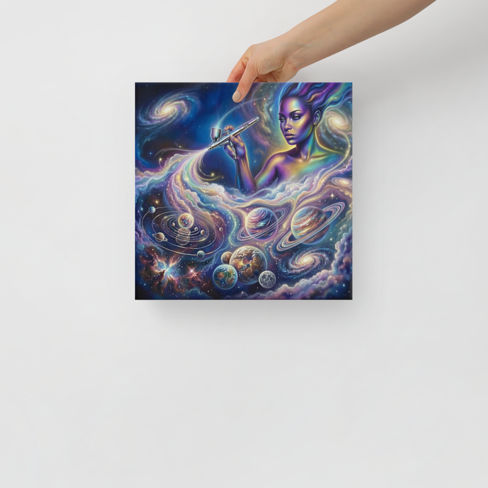 'The Cosmic Painter' — a Space art print. A glowing, ethereal woman painting planets and galaxies into a vibrant cosmic sky using an airbrush, a stunning focal point for a Bedroom.