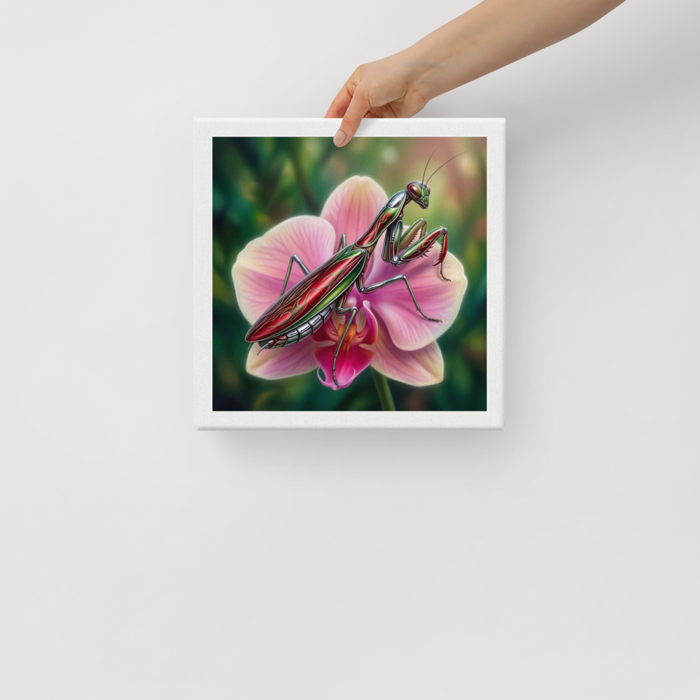 'Chrome Mantis' — a Surrealism print. A vibrant illustration of a metallic praying mantis painted like a hot rod in cherry red and chrome sitting on a pink orchid, perfect for a studio.