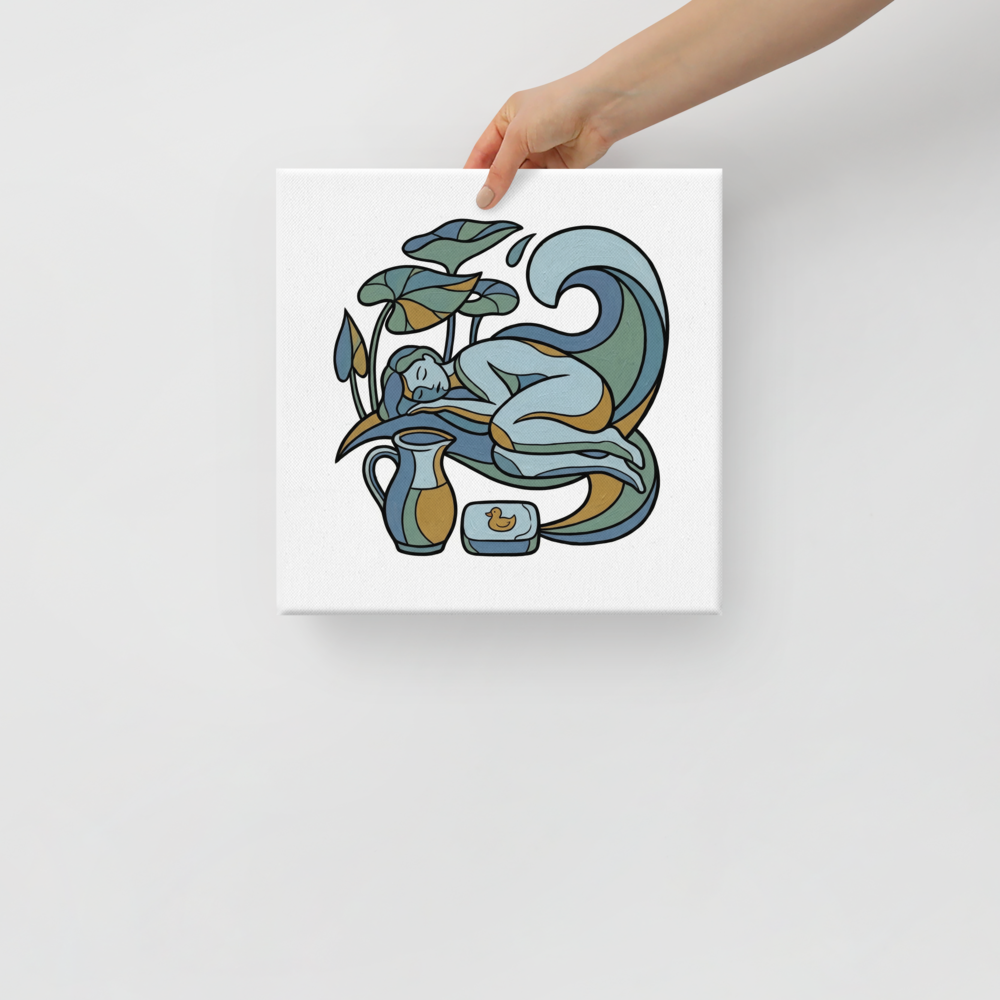 'Water Lily Rest' — a Cloisonnism,Art Nouveau print. A Cloisonnism illustration of a serene figure sleeping among water lilies and waves, with a water pitcher and soap duck below, perfect for a bathroom.