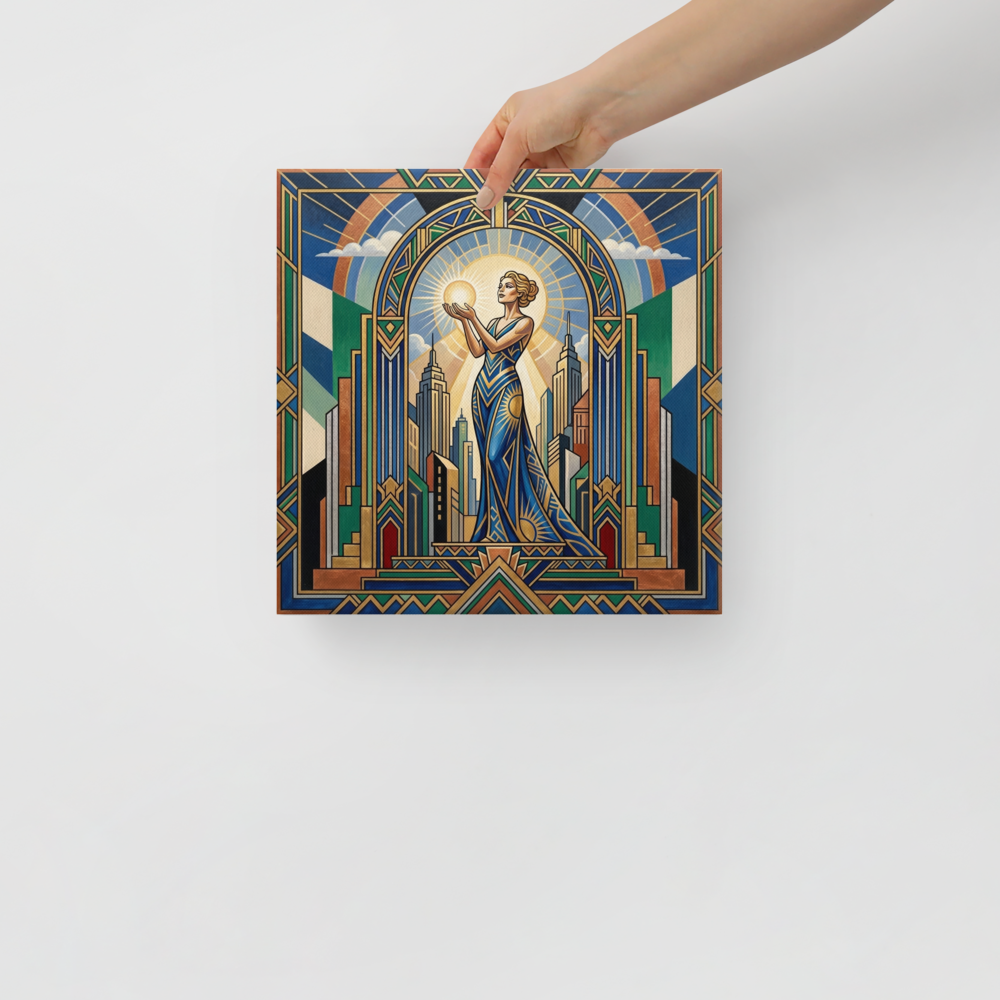 'Bearer of Light' — a Art Deco print. A serene woman holding a glowing orb stands before a majestic archway and city skyline in this bold, symmetrical piece, perfect for a meditation room.