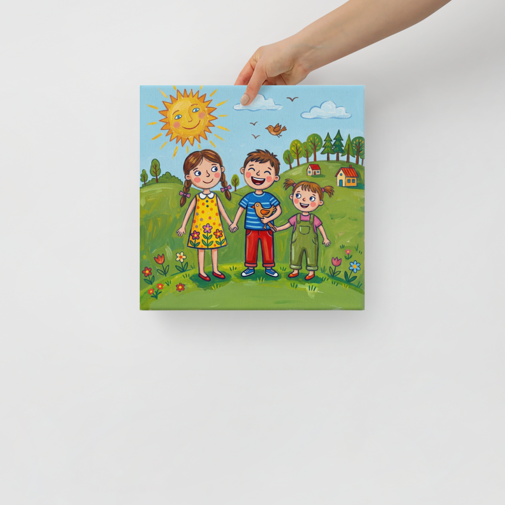 'Friends in the Sun' — a Naive art print. Three smiling children holding hands on a green hill with flowers, trees, houses and a smiling sun, perfect for a lively playroom.