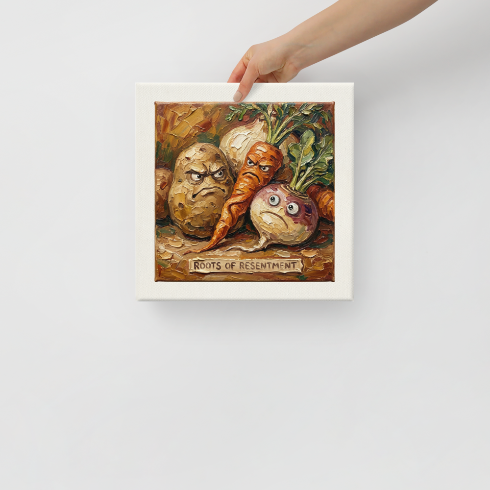 'Roots of Resentment' — a Pop art,Lowbrow print. Humorous impasto painting of angry root vegetables with a sign reading 'Roots of Resentment', perfect for a kitchen.