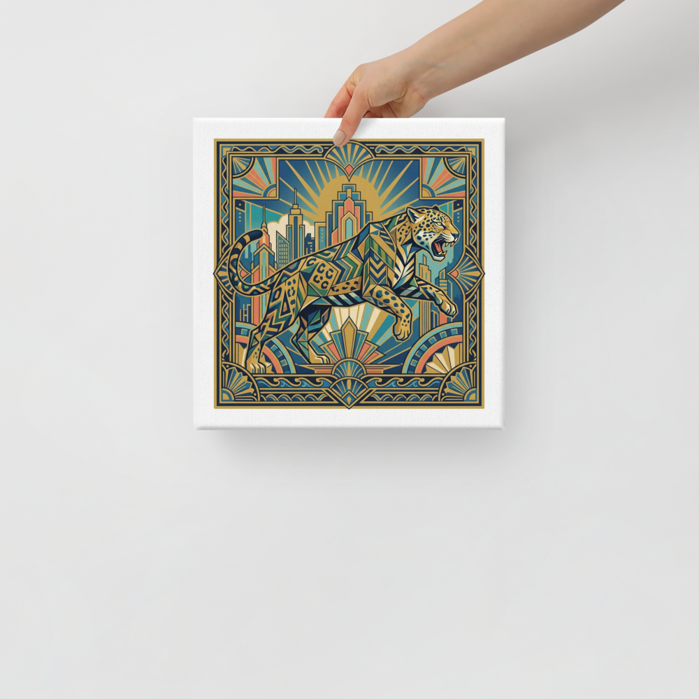 'The Deco Jaguar' — a Art Deco,Geometric abstract art print. An Art Deco illustration of a geometric jaguar leaping in front of a city skyline, perfect for a modern office.