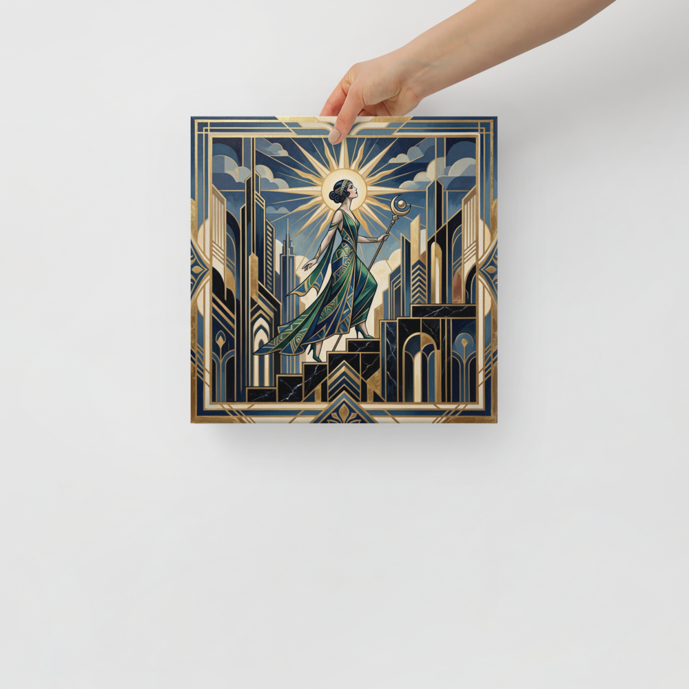'Ascent of the Moon Goddess' — a Art Deco print. A majestic woman holding a moon staff ascends a geometric staircase in a golden city under a radiant sunburst, an empowering piece for a bedroom or studio.