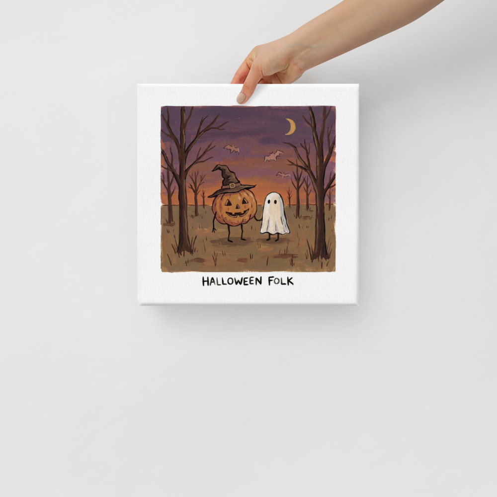 'Halloween Folk' — a Naive art print. A quaint Naive Art painting of a pumpkin character and a ghost holding hands in an autumn forest at dusk, a charming piece for a playful Game Room.