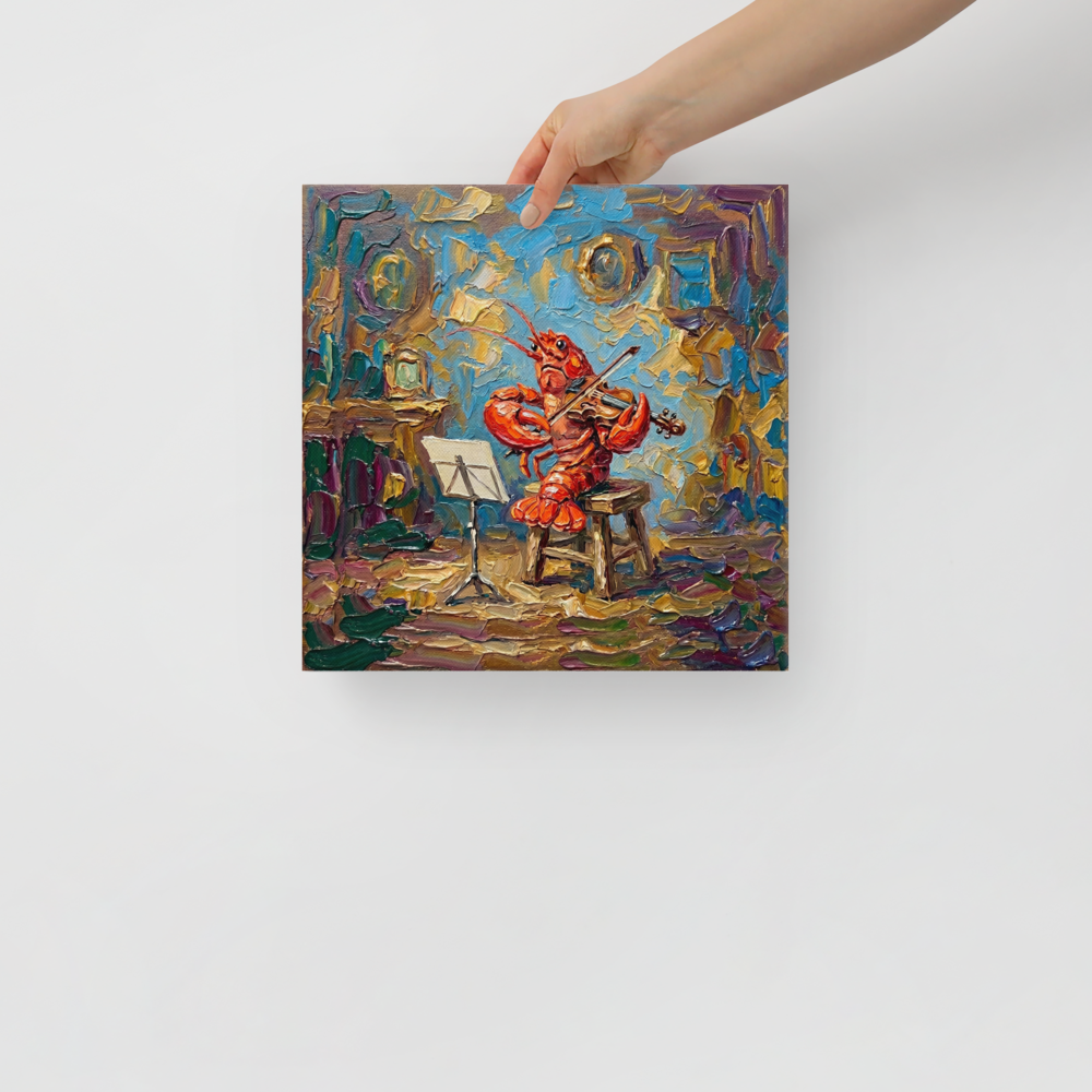 'The Maestro of the Deep' — a Expressionism print. An impasto oil painting of a red lobster playing the violin in a colorful room, perfect for a quirky Living Room.