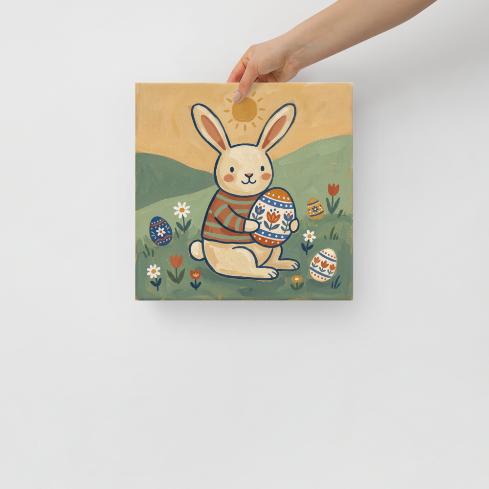 'Springtime Bunny' — a Naive art print. A delightful Naive Art painting of a cute bunny in a striped shirt sitting in a sunny field holding a large decorated Easter egg, charming for a Nursery.