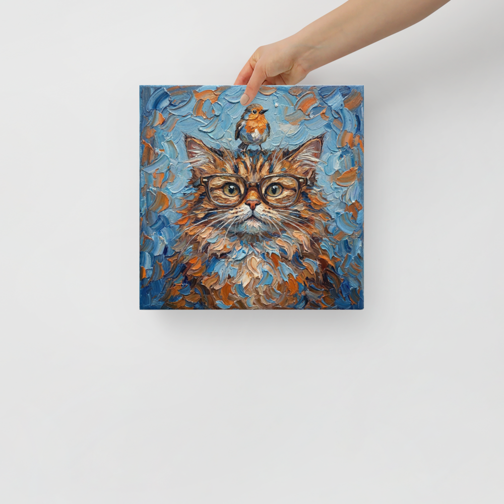 'The Scholar and the Songbird' — a Post-Impressionism print. A highly textured painting of a fluffy cat wearing glasses with a bird on its head, bringing a touch of whimsy to an office.
