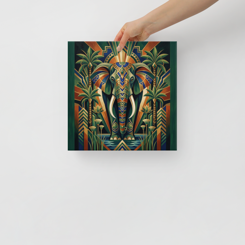 'The Deco Elephant' — a Art Deco print. A regal elephant adorned with geometric patterns in a lush Art Deco oasis with palm trees and a sunburst, fitting for a Sunroom / Conservatory.