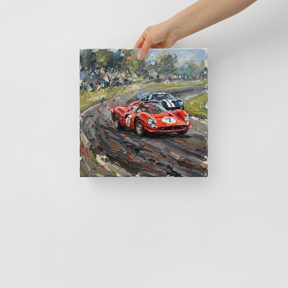 'Classic Velocity' — a Expressionism print. A dynamic impasto painting of classic race cars speeding down a track, an exciting addition to a game room.