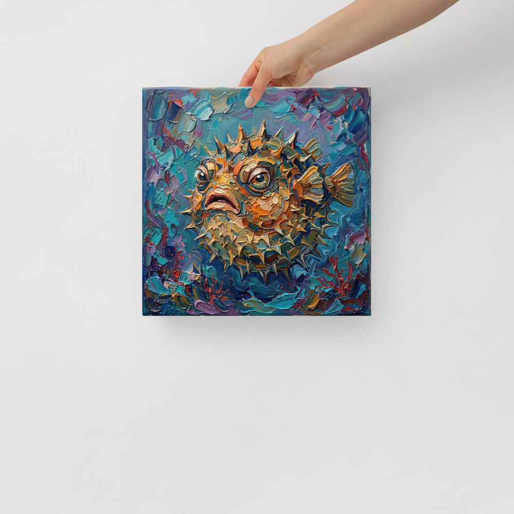 'The Prickly Puffer' — a Expressionism print. An impasto portrait of a spiky pufferfish swimming in vibrant blue waters, suited for an eclectic Bathroom.