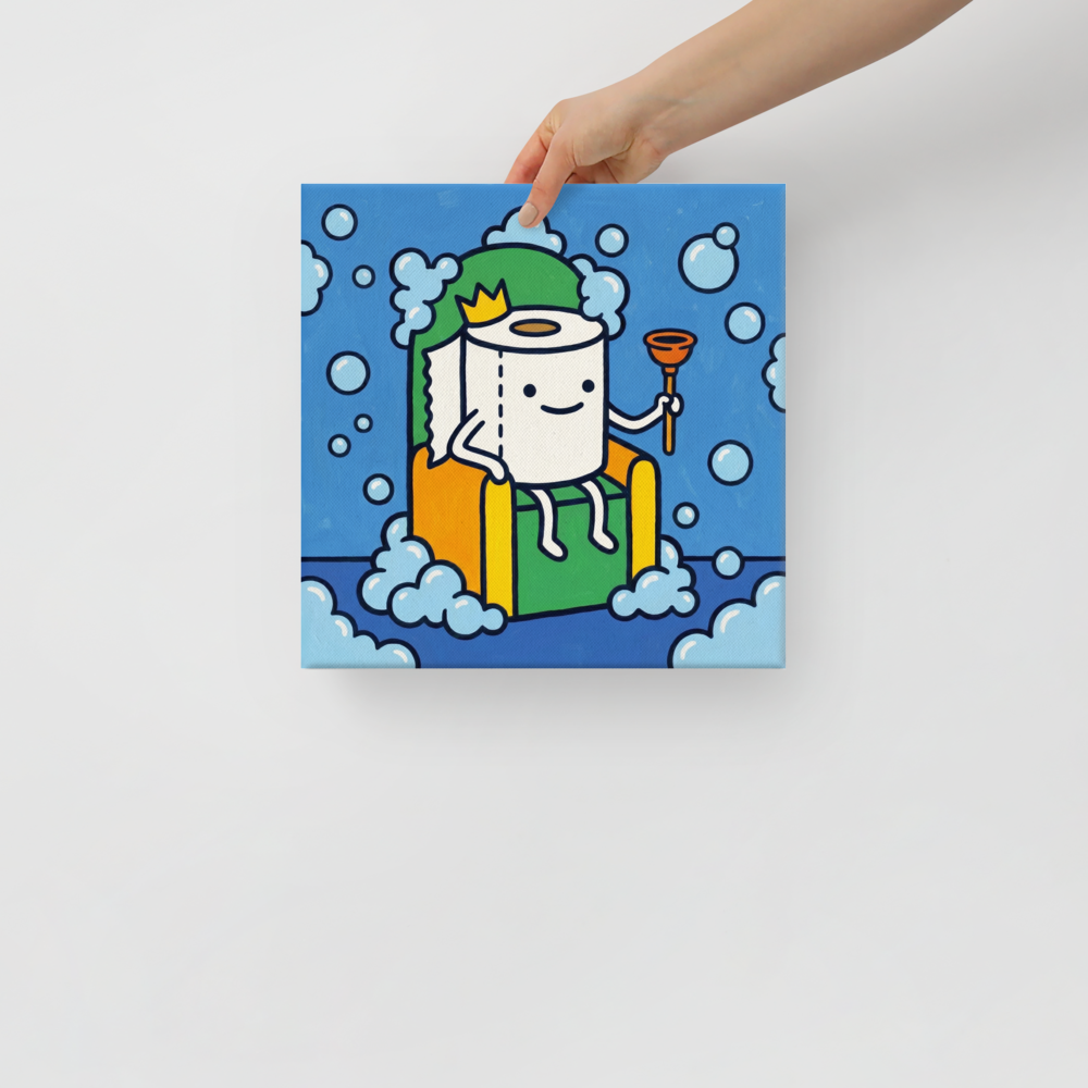 'King of the Bathroom' — a Pop art,Cloisonnism print. A funny pop art illustration of a toilet paper roll wearing a crown and holding a plunger, sitting on a throne surrounded by bubbles.