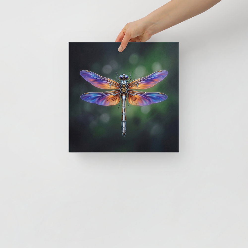 'Gears of the Dragonfly' — a Surrealism print. A highly detailed mechanical dragonfly with glowing purple and orange wings and brass gears on its back, set against a dark green background, perfect for a Living Room.