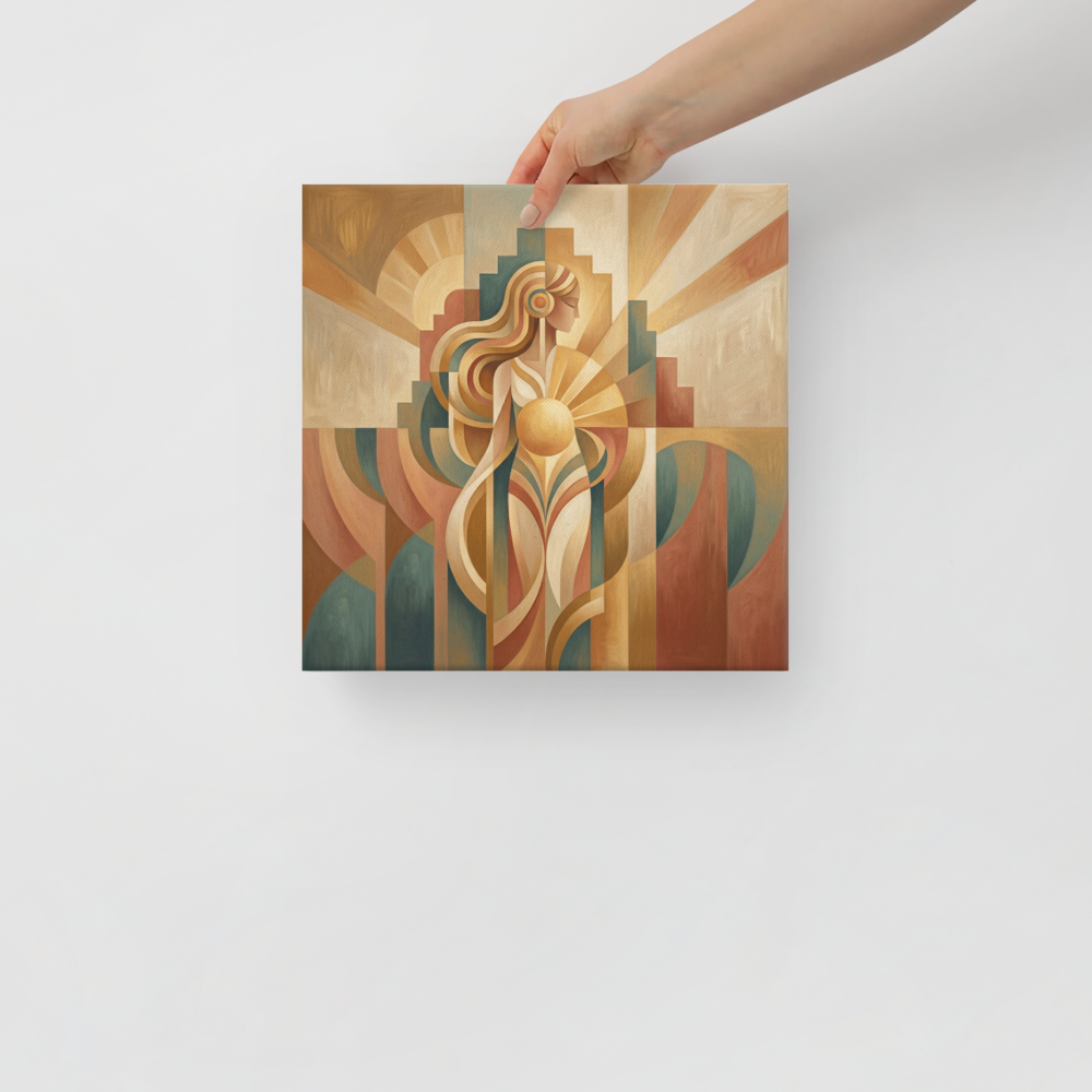 'The Sun Guardian' — a Art Deco print. A serene, abstract Art Deco woman holding a glowing sun, composed of warm geometric shapes, perfect for a Bedroom.