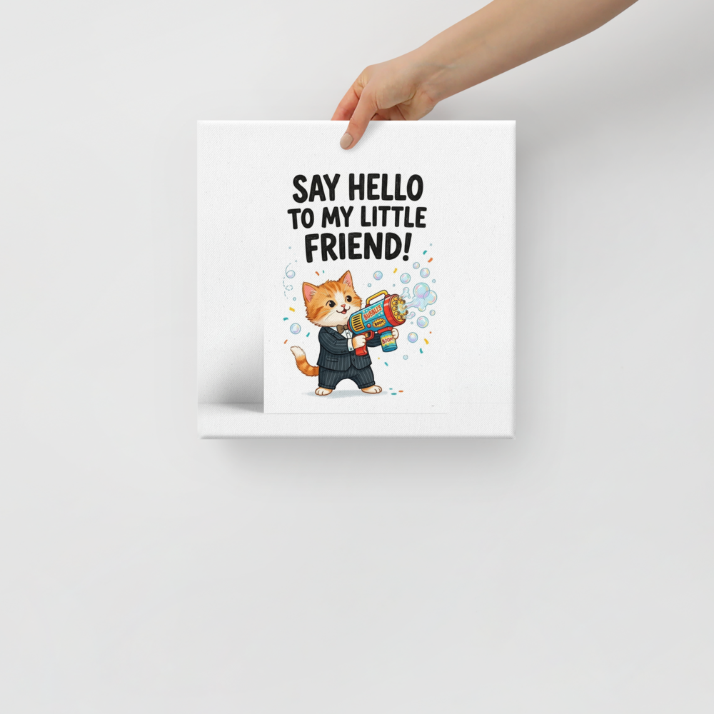 'My Little Friend' — a Pop art,Digital art print. A humorous parody illustration of a cute cat in a suit holding a bubble gun with the text 'Say hello to my little friend!'.