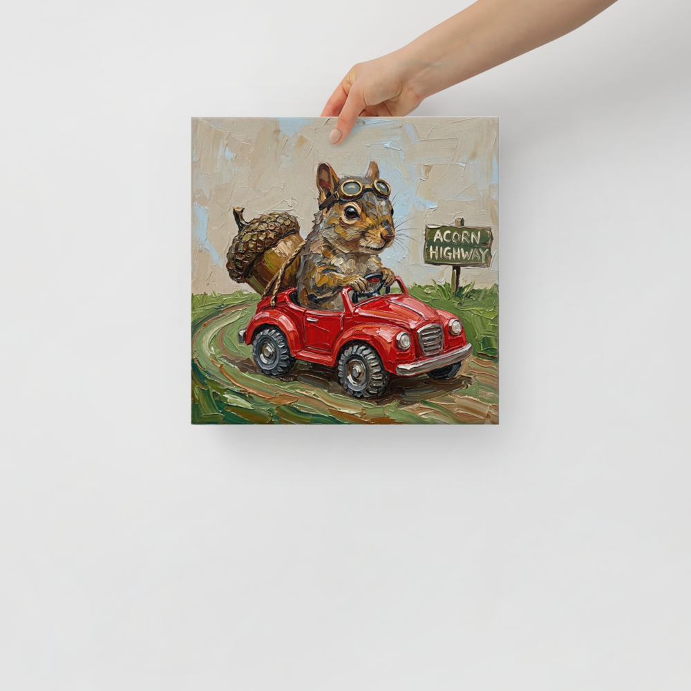 'Acorn Highway' — a Impressionism print. An impasto painting of a squirrel wearing goggles and driving a red toy car with a giant acorn, great for a playroom or nursery.