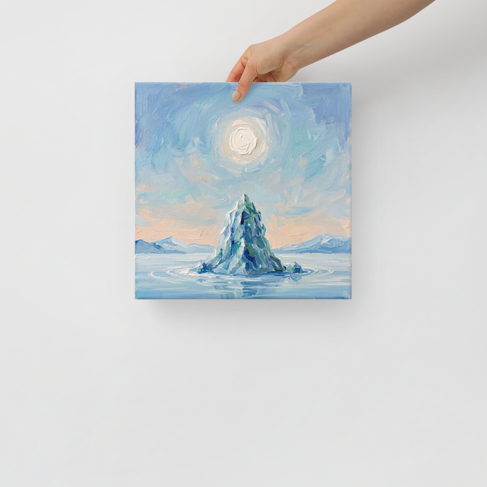 'Frozen Peak' — a Impressionism print. A heavily textured oil painting of an iceberg sitting in calm water under a glowing sun, perfect for a Bedroom or Bathroom.