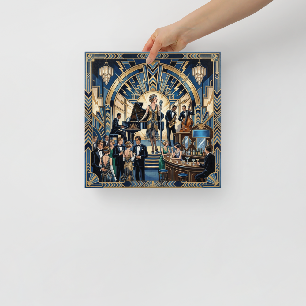 'The Jazz Age Symphony' — a Art Deco print. A glamorous Art Deco nightclub scene with a singer, jazz band, and elegant patrons, ideal for a Dining Room.