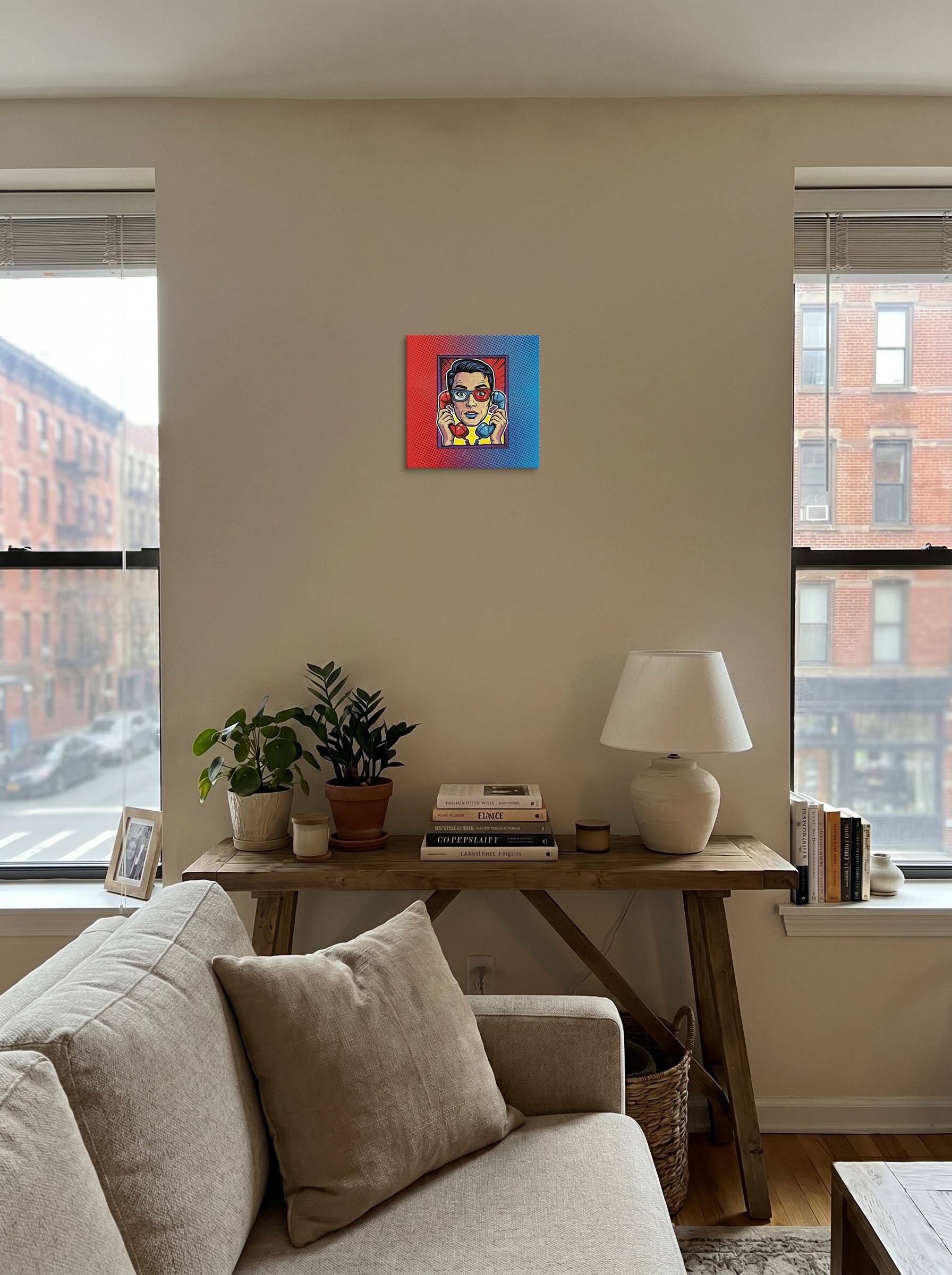 A 12x12 inch canvas Pop art print of 'Bipartisan Static' displayed in the center of a living room.