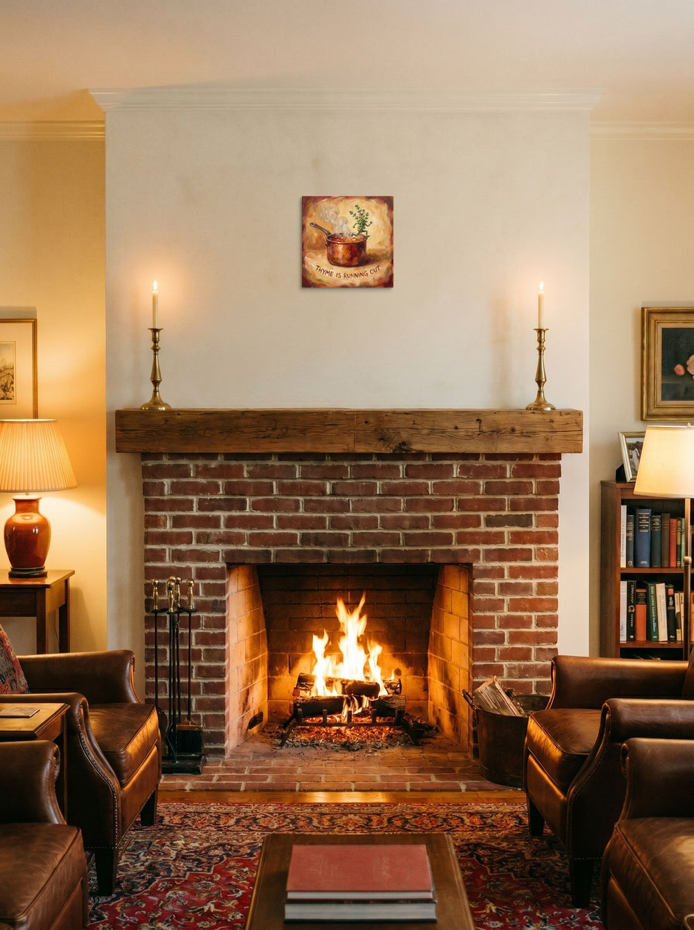 See 'Thyme Is Running Out' as a canvas print (12x12 inch), styled on a mantel above a fireplace.